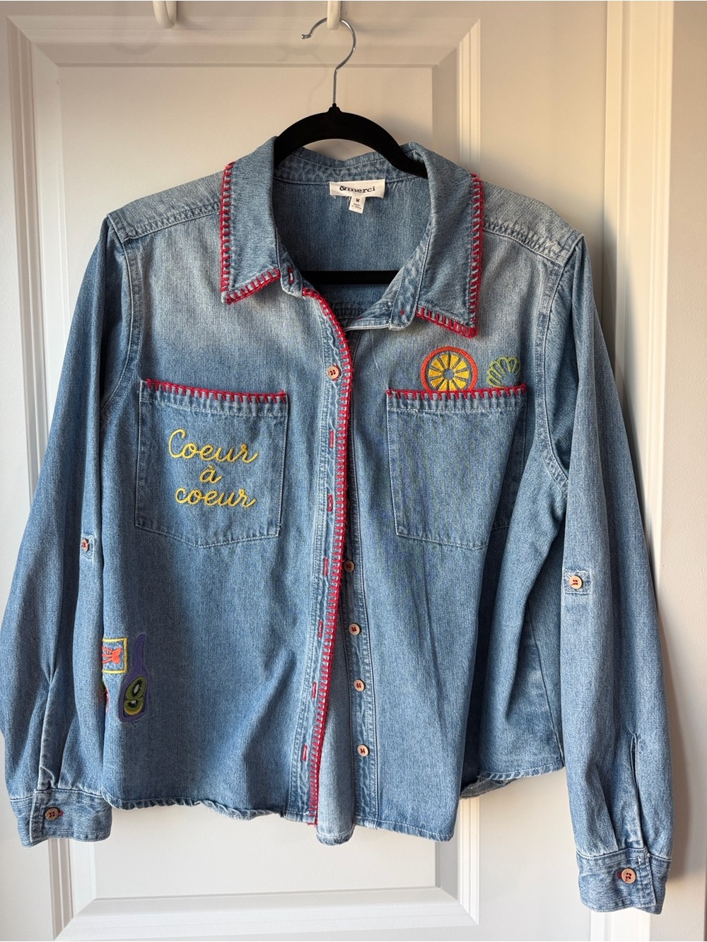 Desigual Light Blue Denim Button-Down Shirt with Yellow Embroidery